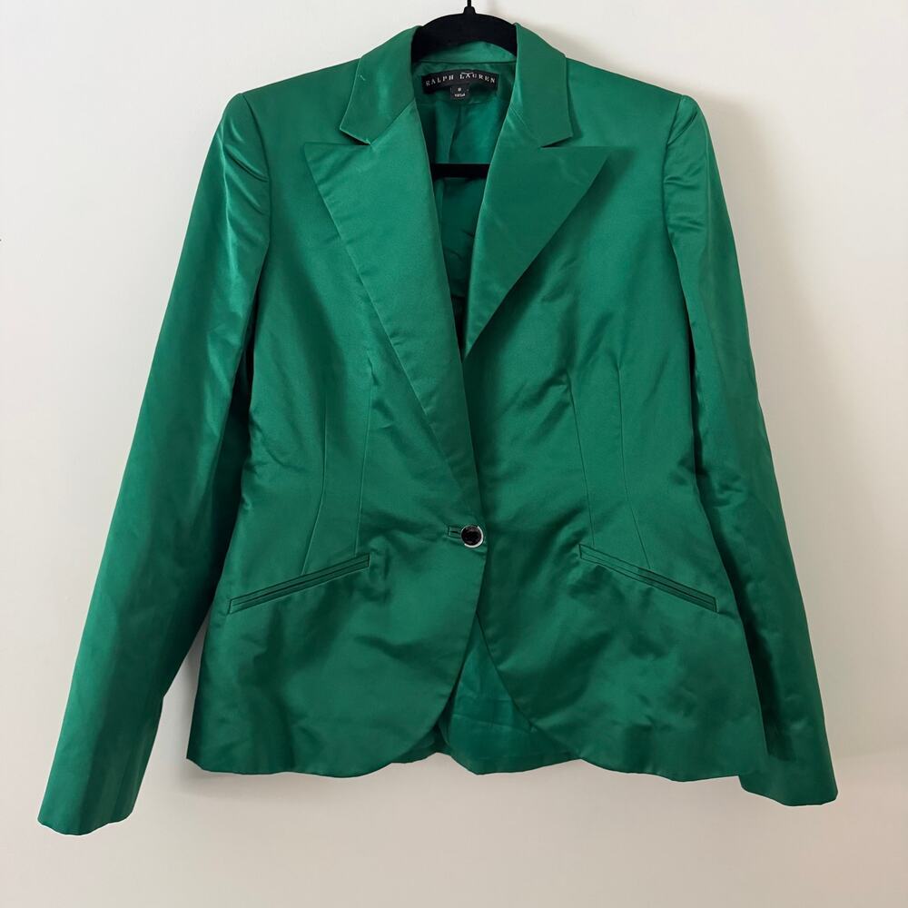 Vintage Ralph Lauren‎ Black Label 100% Silk Green Embellished Button Blazer Sz 8